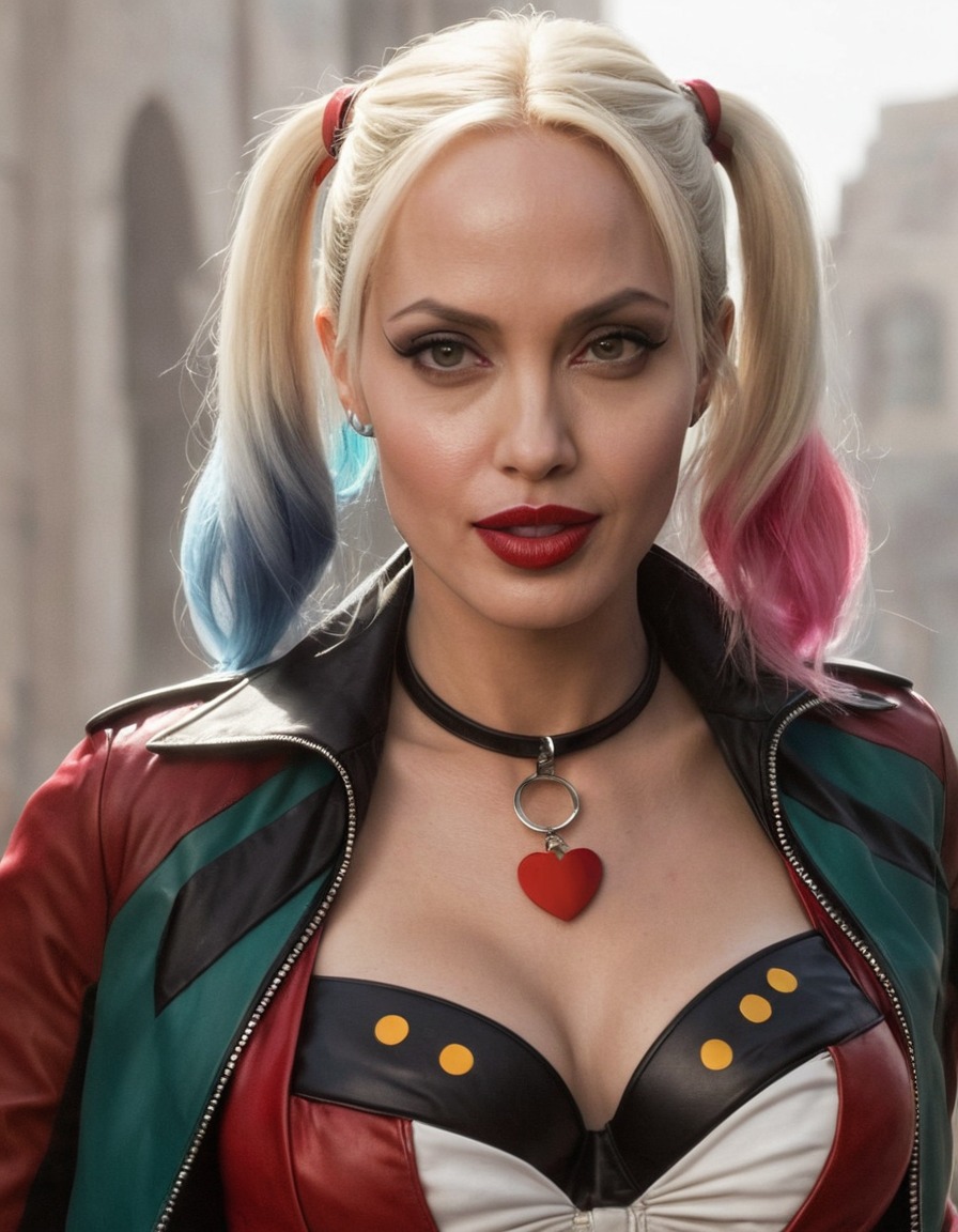 angelina jolie, harley quinn, celebrity transformation, superhero role, action movie, comics adaptation, villainous character