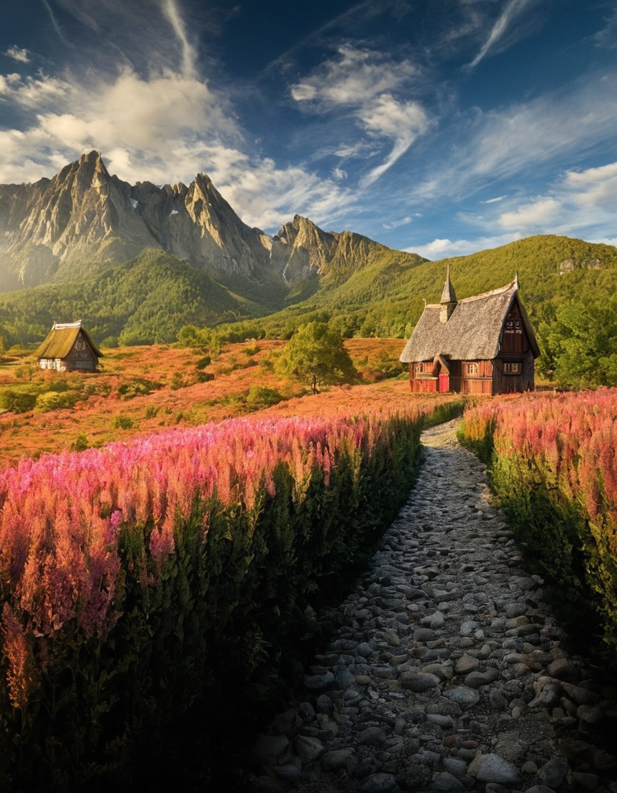 poland, landscape, mountain, cottage, pink flowers, wild flowers, path, nature, flowers, beautiful, petitworld favs