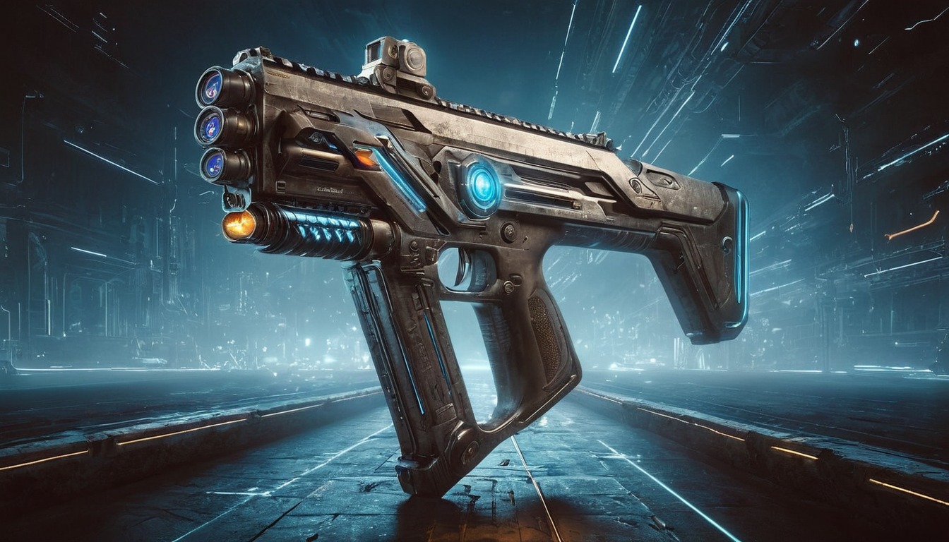 digitalart, weapon, cityscape, dalle3, digital, dystopian, fantasy, firearm, futuristic, grip, guns, innovation, neonlights, rifle, technology, zephyr, aiart, rapid_fire