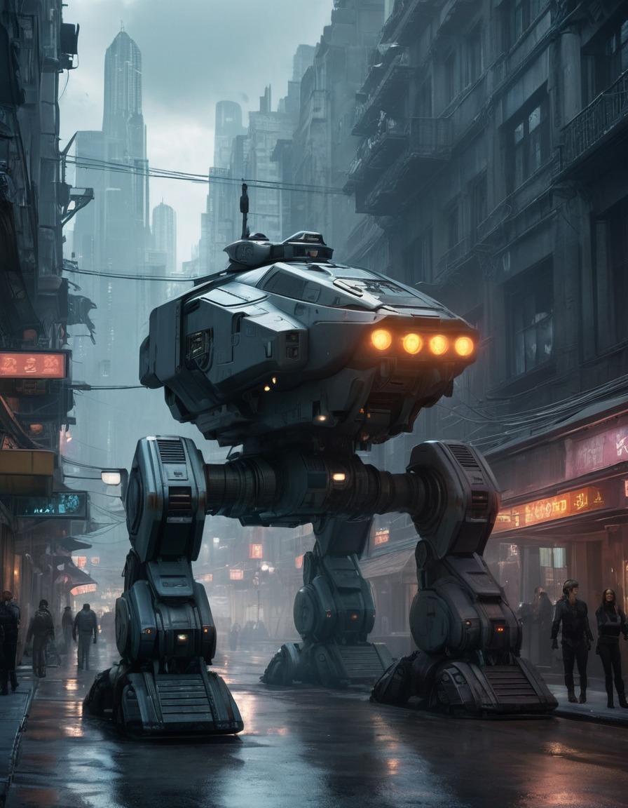 futuristic city, ed-209, patrol, law enforcement, urban environment, robots, games, movies