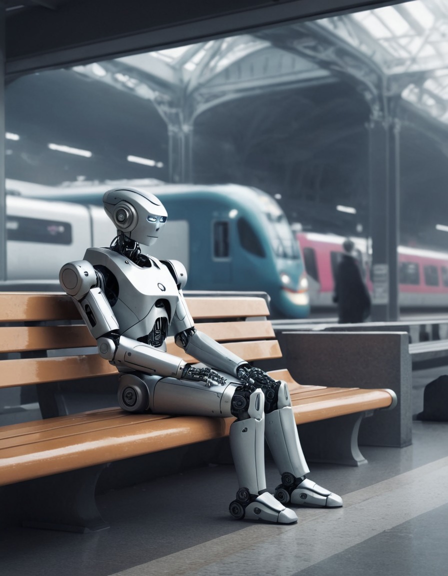 robot, bench, train station, solitude, futuristic, robots