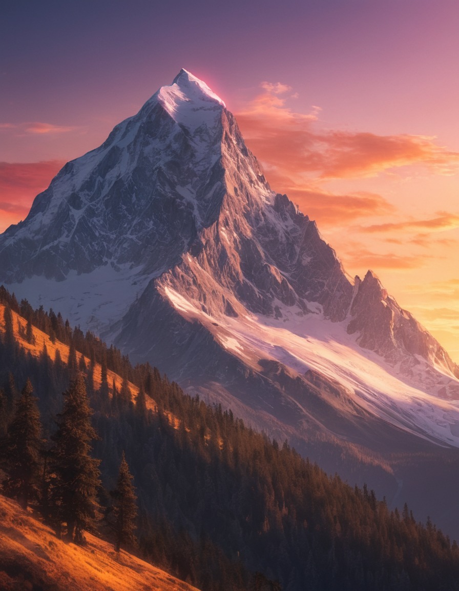 mountain, peak, sunset, majestic, glowing, nature