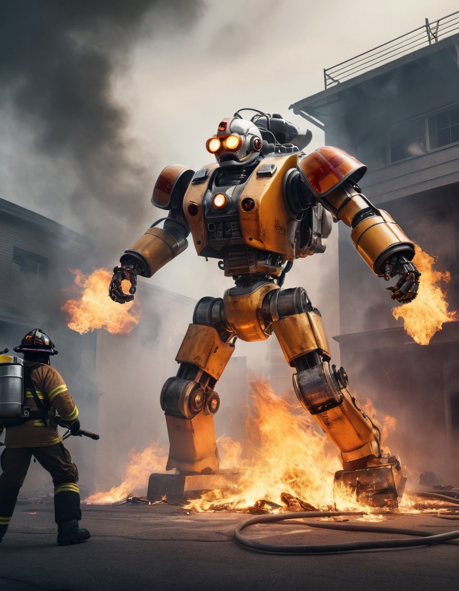 robot, firefighter, flames, bravery, rescue, robots