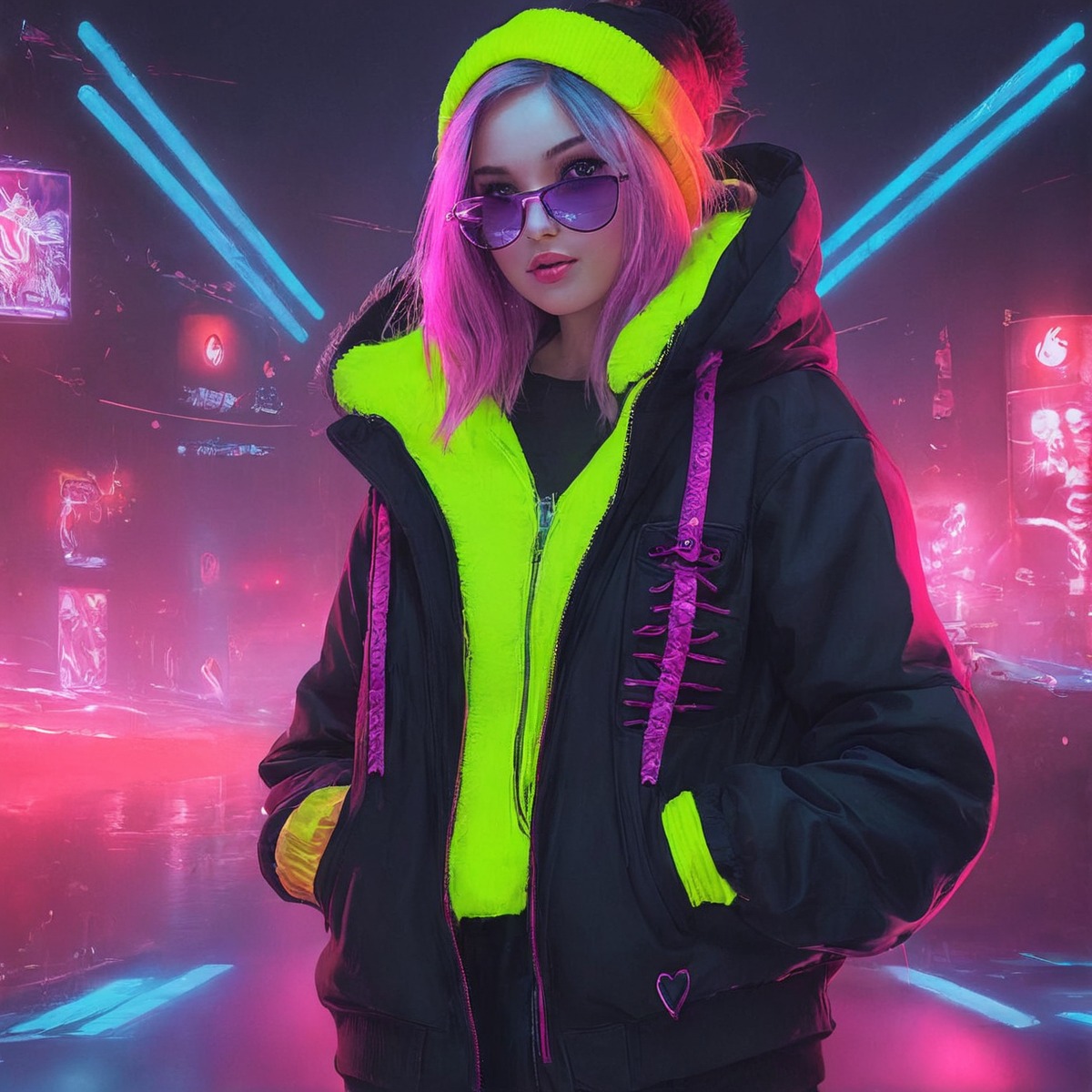 digitalart, characterdesign, videogamefanart, digitalpainting, cyberpunk, neon, dreamup, fanart, cartoon, scifi, conceptart, sweaterweather, ai_art