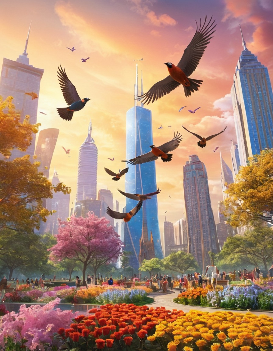 nature, urban landscape, birds, city park, skyscrapers, city