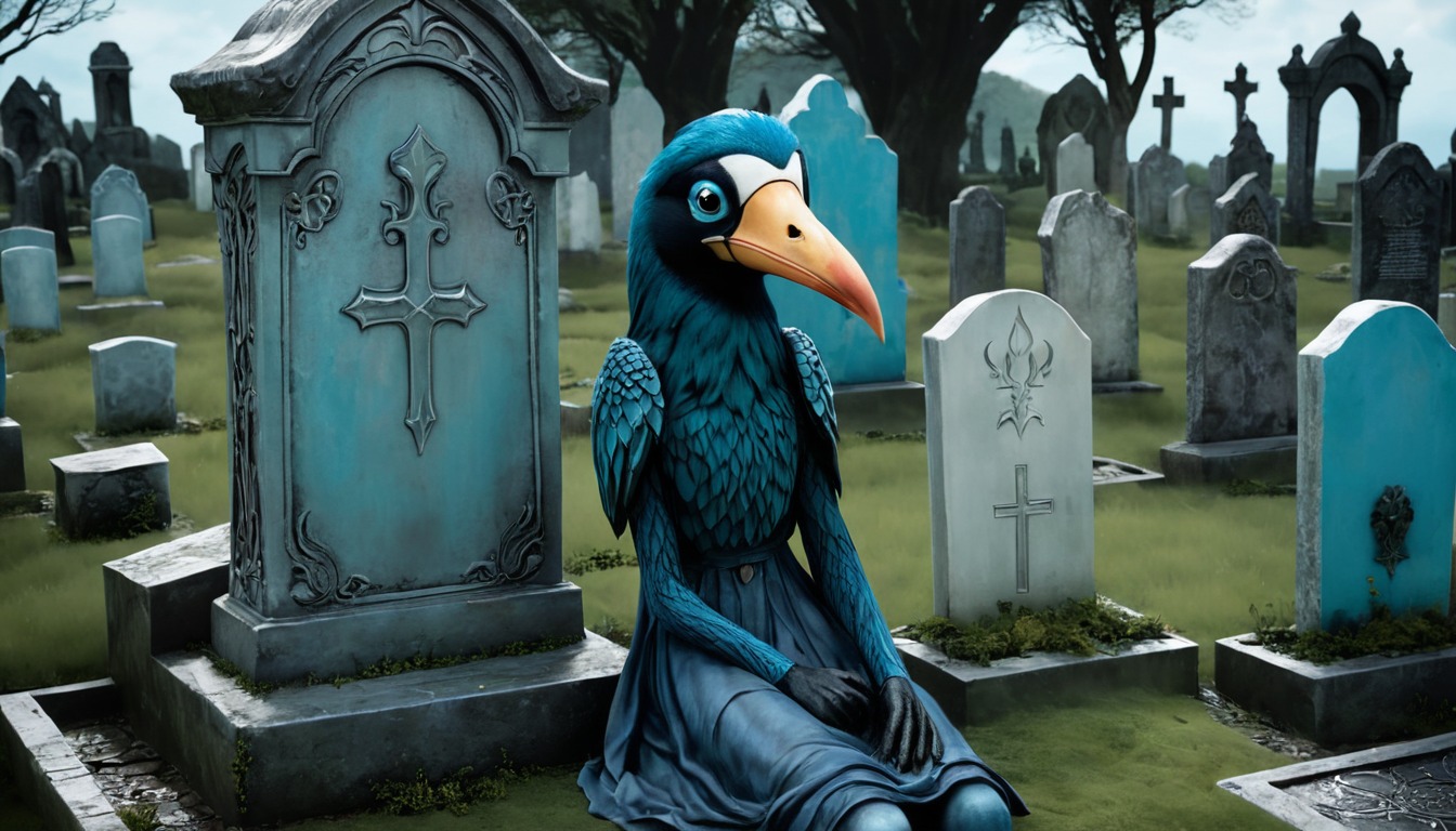 digitalart, bird, animal, cemetery, abstractart, creature, creepy, cute, dark, demon, epic, evil, fantasy, gravestone, graveyard, halloween, horror, macabre, monster, night, scifi, scififantasy, shadow, tombstone, aiart, dailychallenge, jamesar, noaihaters