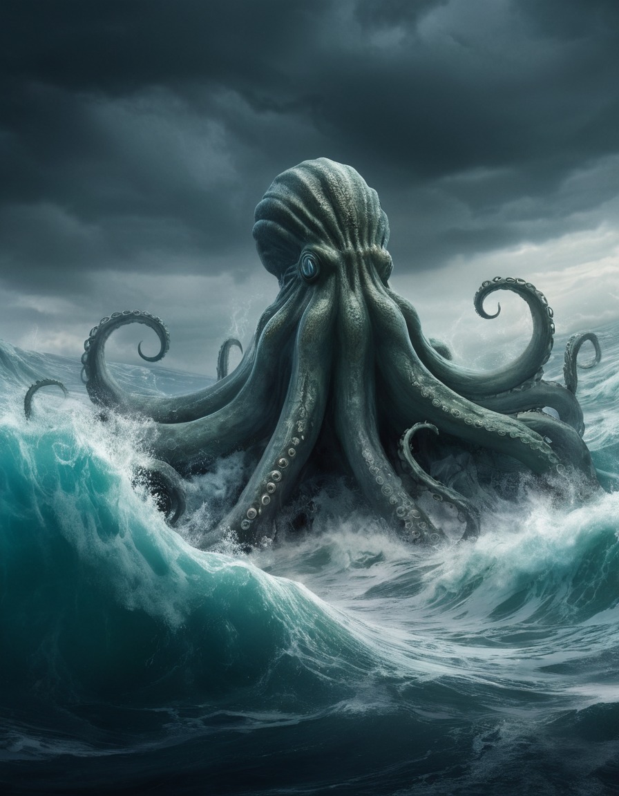 sea monster, mythical creature, kraken, stormy sea, tentacles