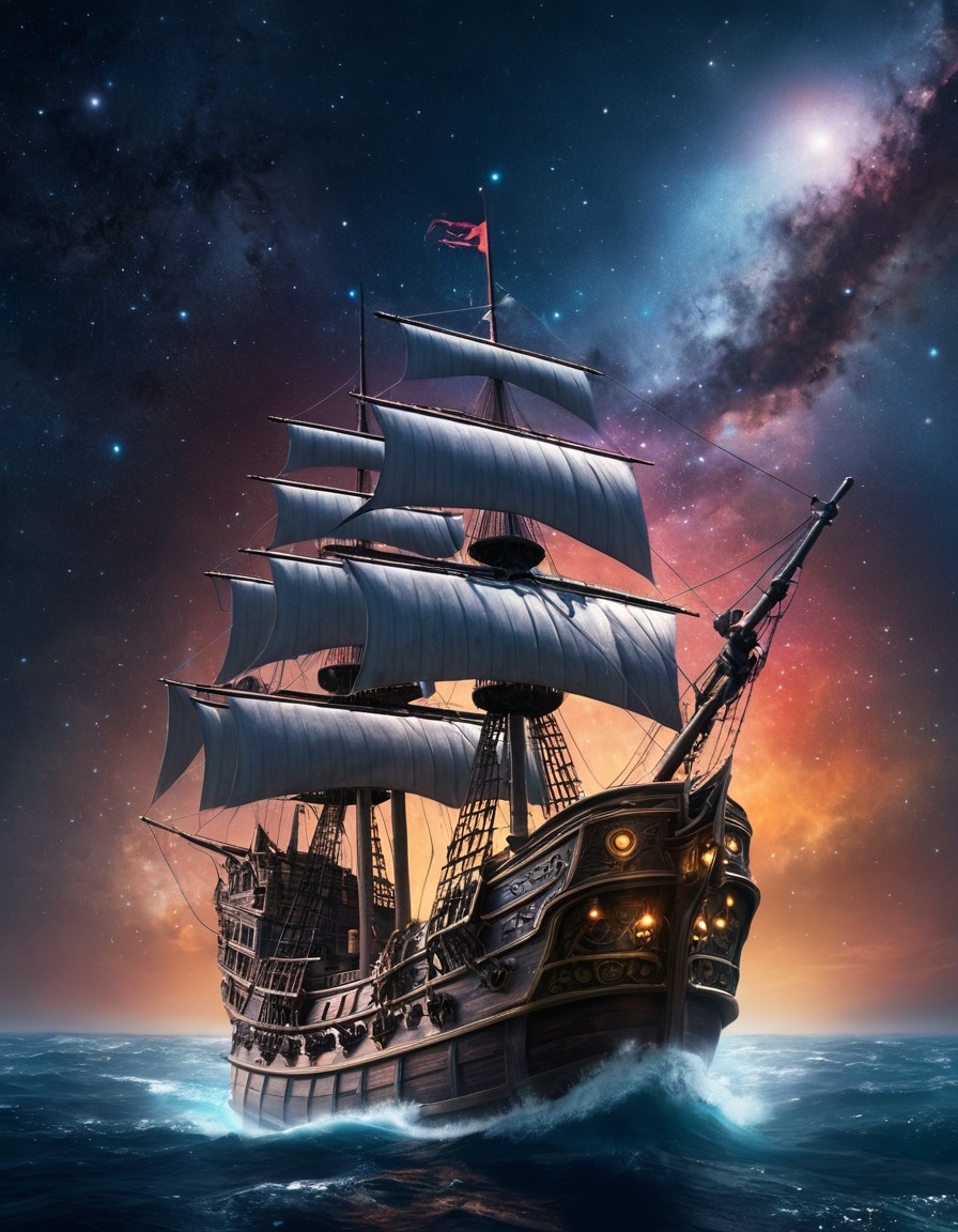 pirate ship, outer space, science fiction, adventure, fantasy, interstellar travel, cosmic exploration