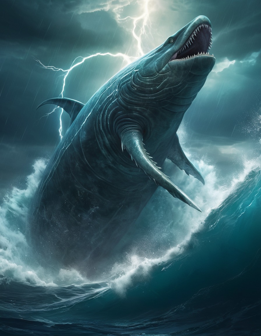 mythical creature, leviathan, ocean, storm, lightning