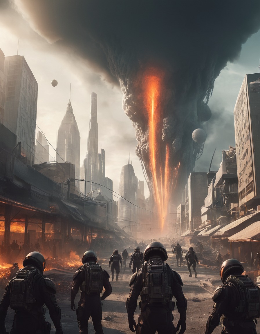 futuristic, cityscape, flames, smoke, aliens, three body problem, trisolaran