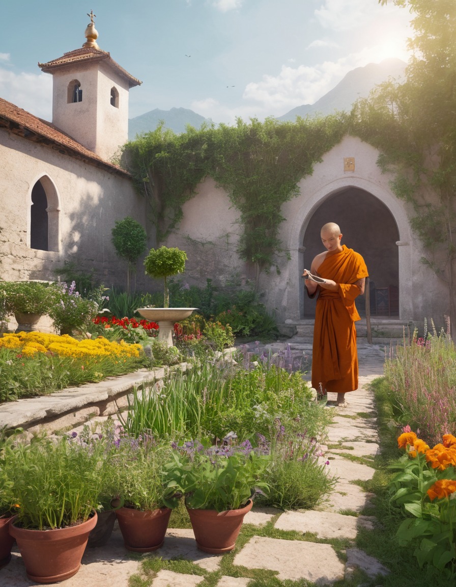 monk, monastery, garden, herbs, flowers, middle ages