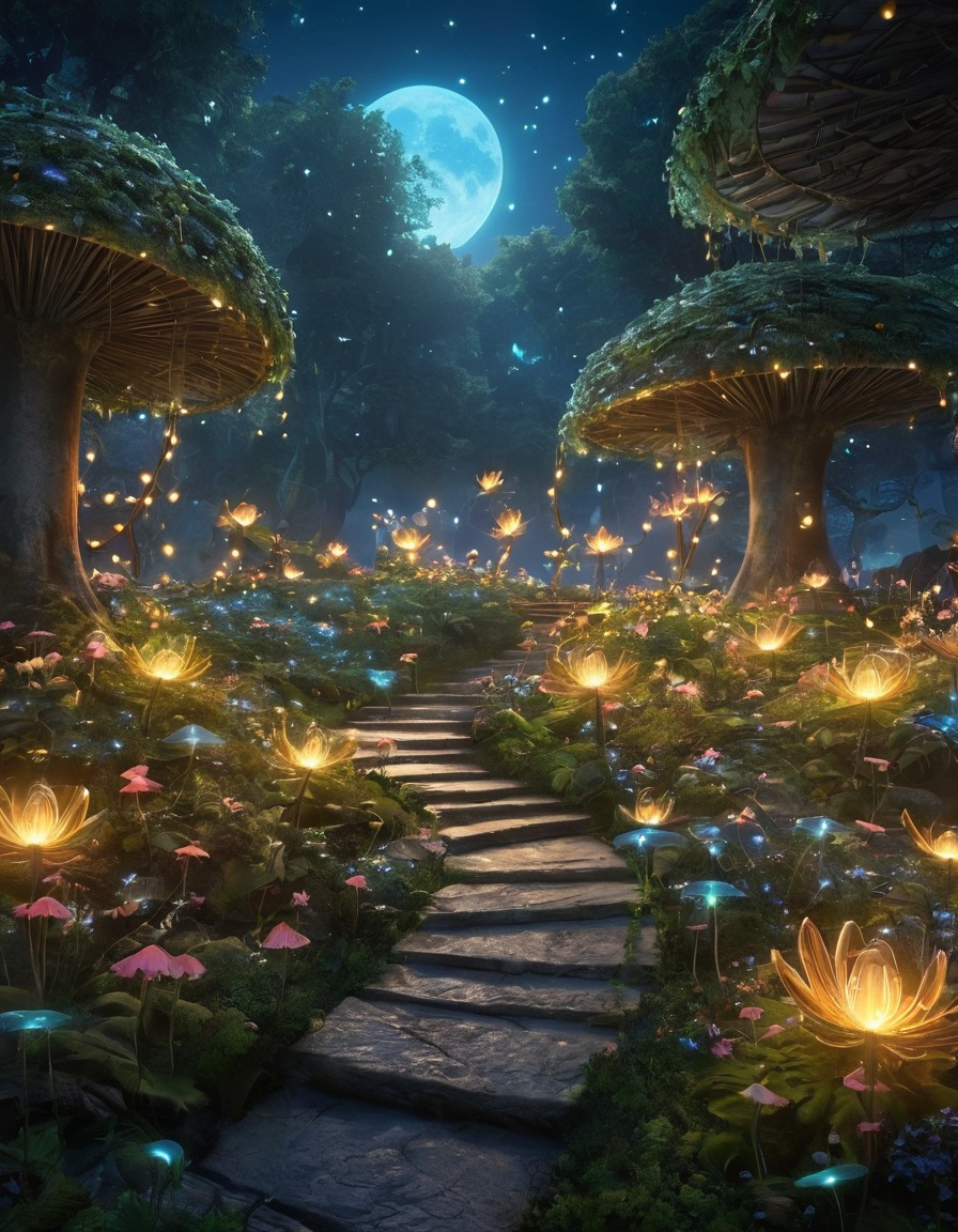 mystical garden, fairies, fireflies, fantasy, magical creatures, enchanted, singing