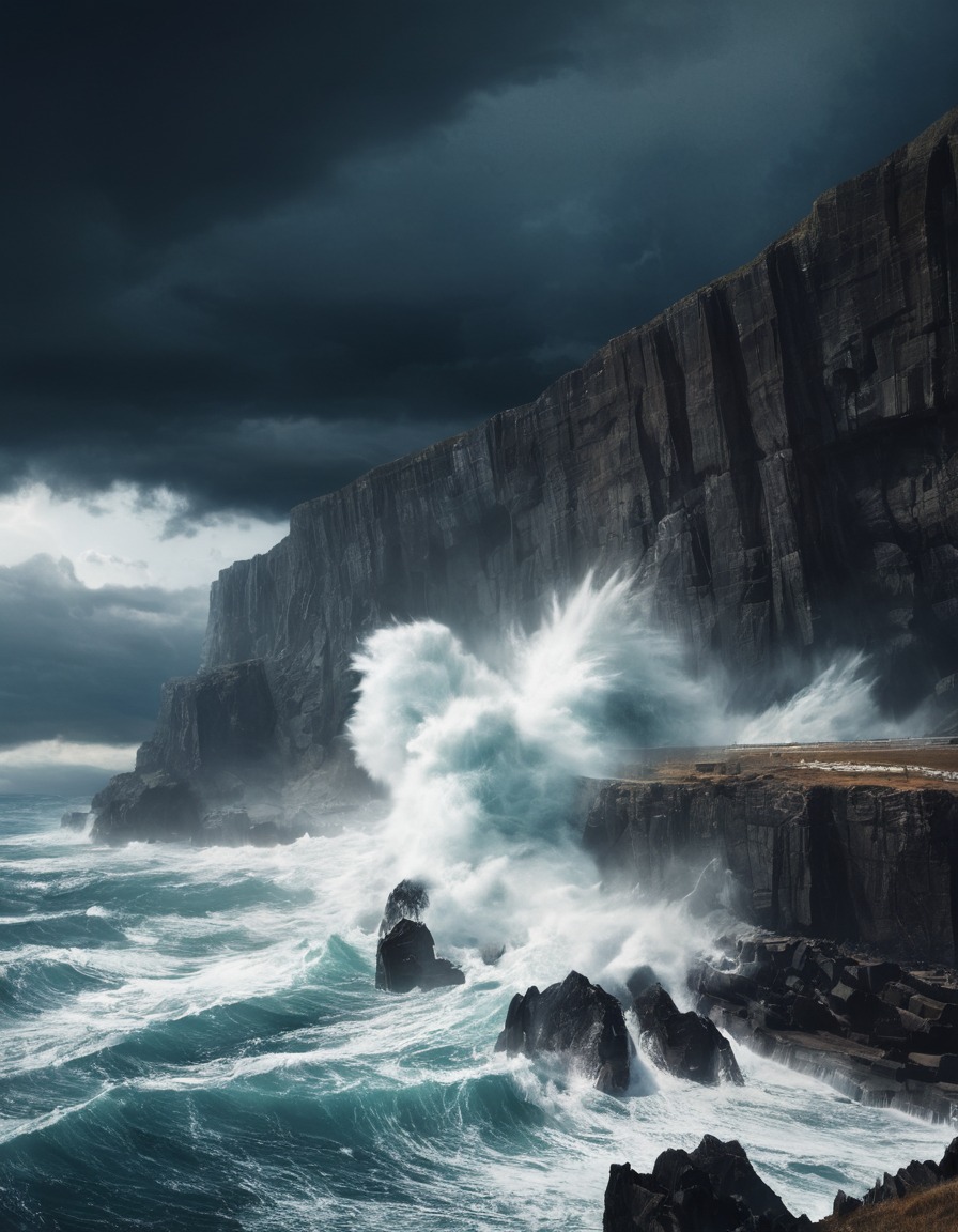 stormy, dramatic, seaside, cliff, waves, nature