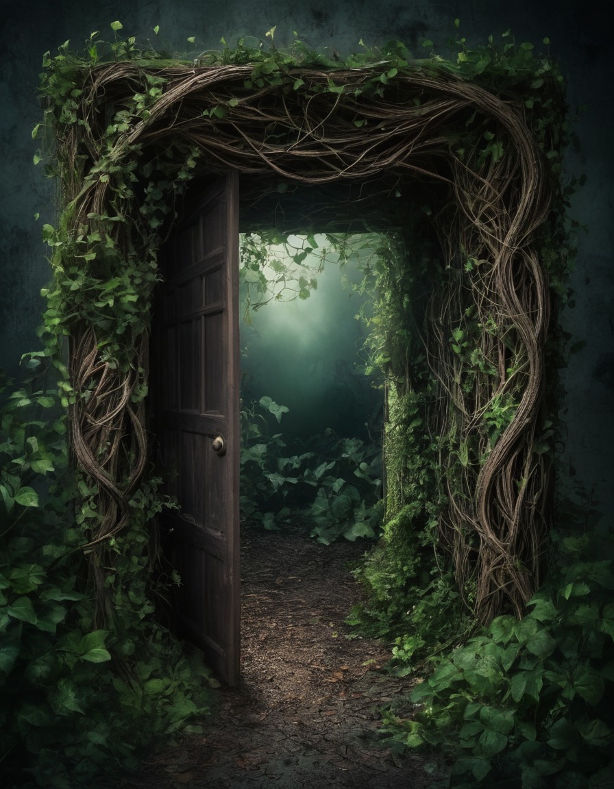 mystical, garden, doorway, vines