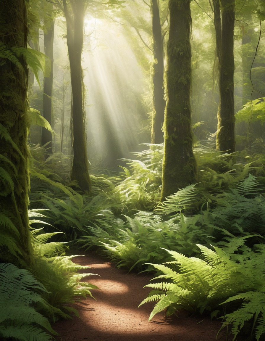 forest, sunlight, canopy, ferns, nature