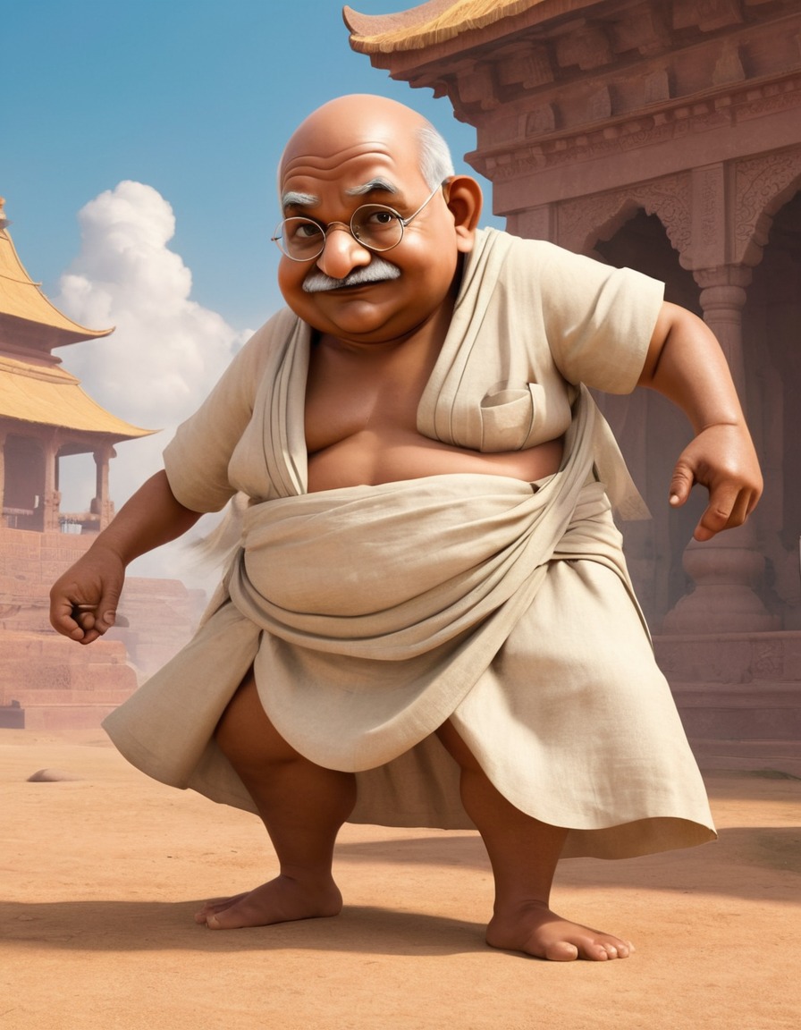 mahatma gandhi, humorous, cartoon, traditional clothing, struggle, fat