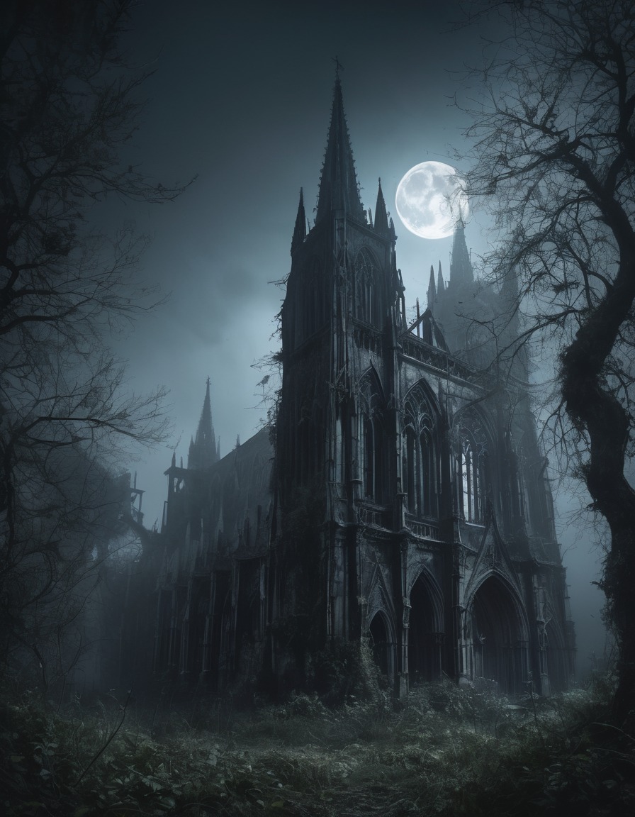 gothic, cathedral, overgrown, misty, moonlight, ruins, underground, dark