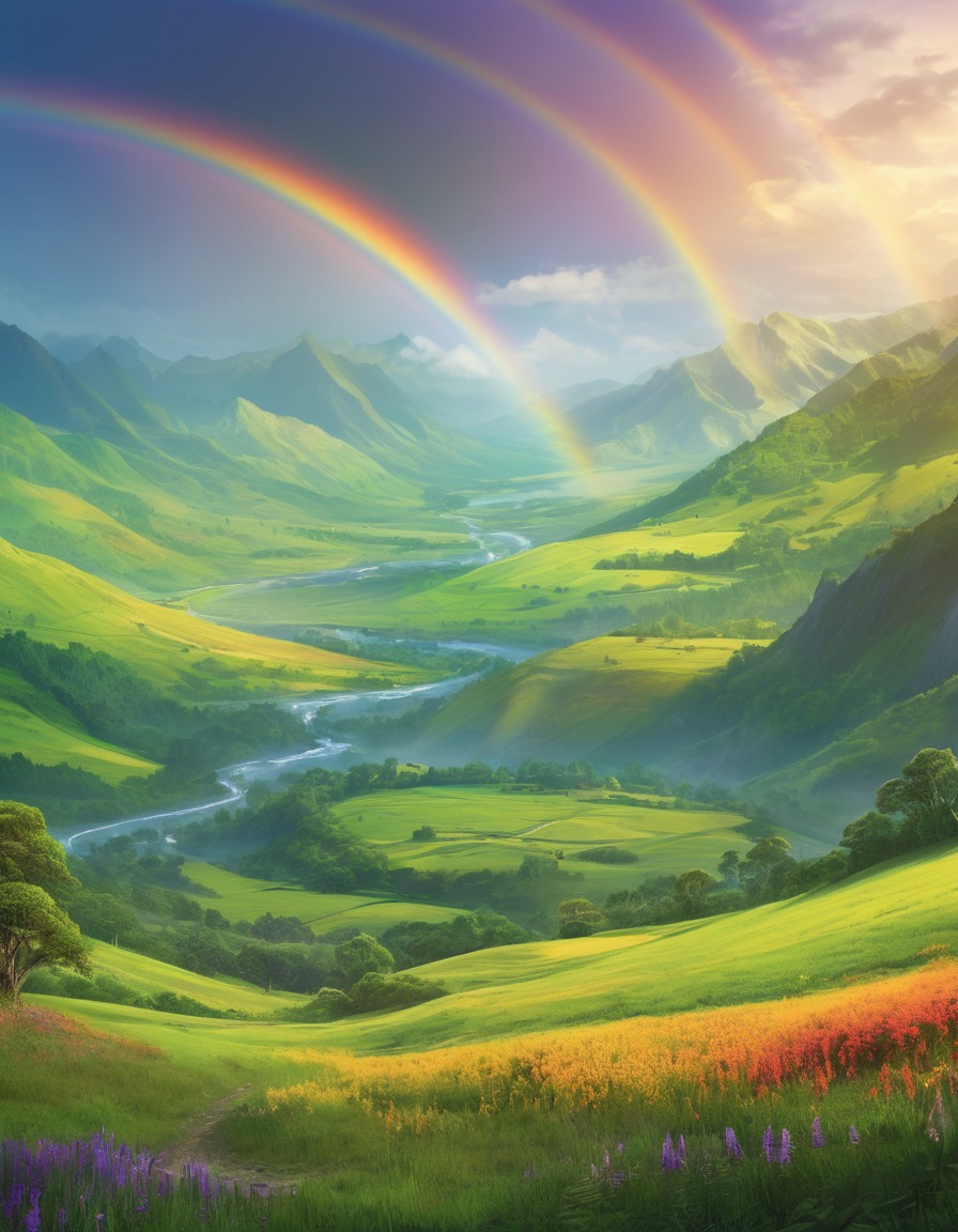 nature, rainbow, vibrant, valley, colorful