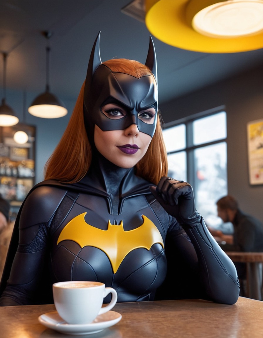 batgirl, dc comics, superhero, coffee, cafe, superheroine, bikini