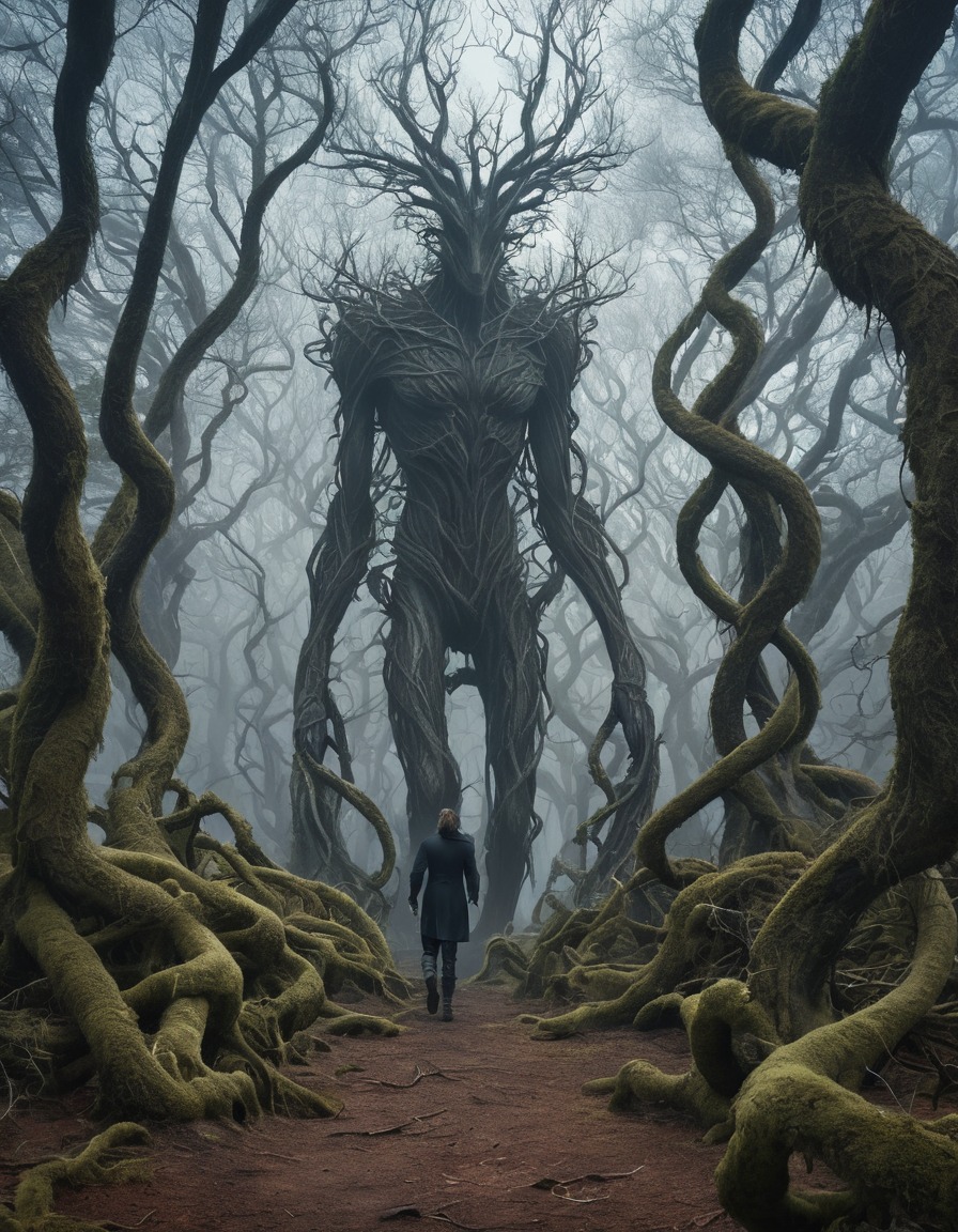 fantasy, lone figure, twisted forest, gnarled trees, strange creatures, lovecraft, howard lovecraft