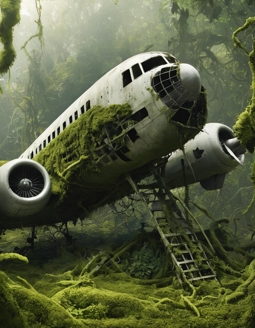 nature reclaiming, wreckage, abandoned, aircraft, overgrown, fallout, games, tv shows, amazon prime