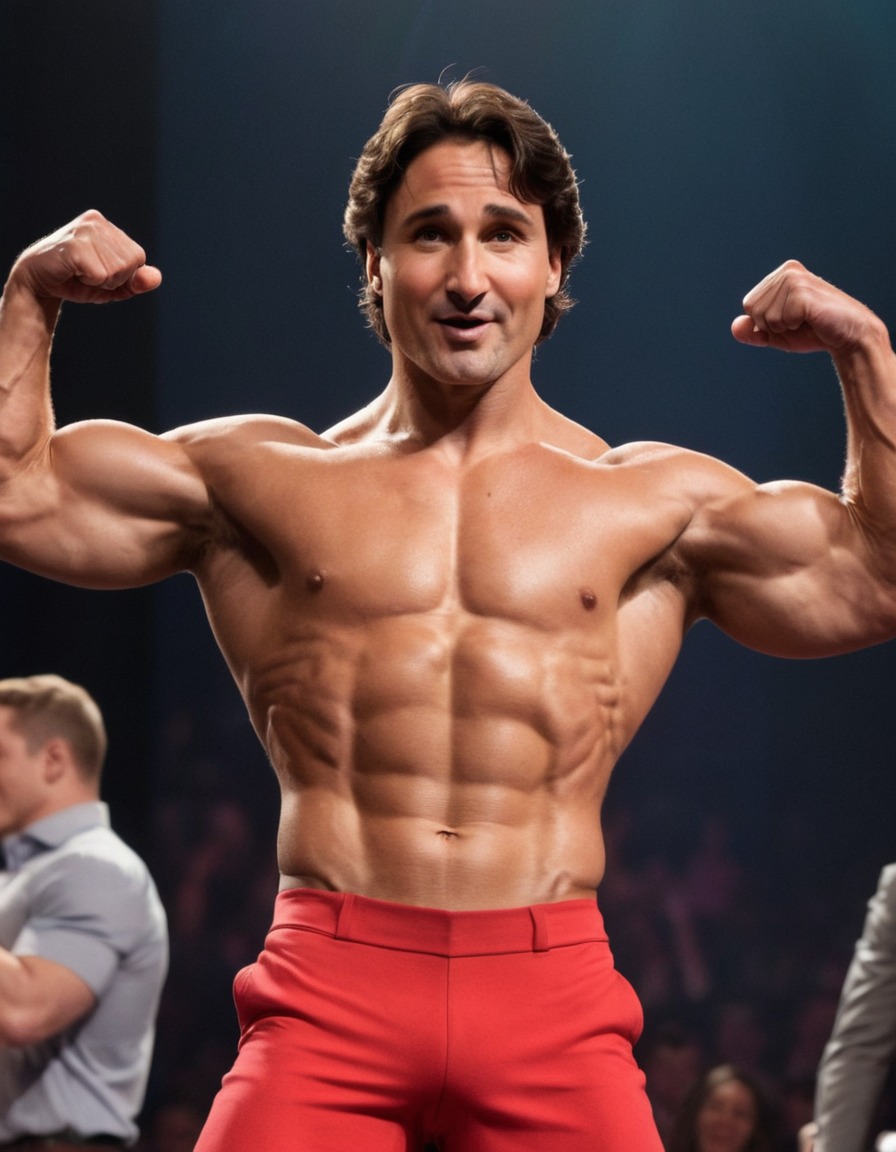 justin trudeau, bodybuilder, flexing, muscles, stage, satire