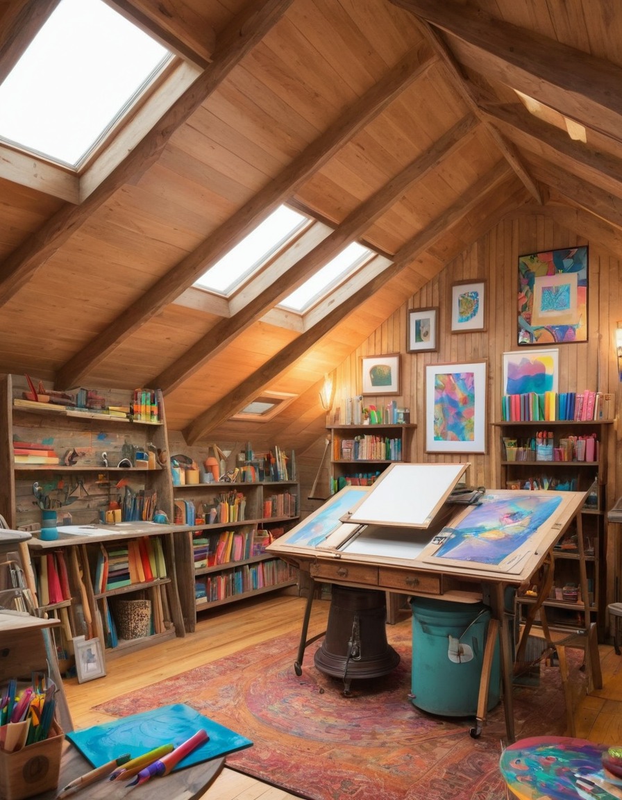 attic space, creative studio, skylights, vintage drafting table, art supplies, home, interior