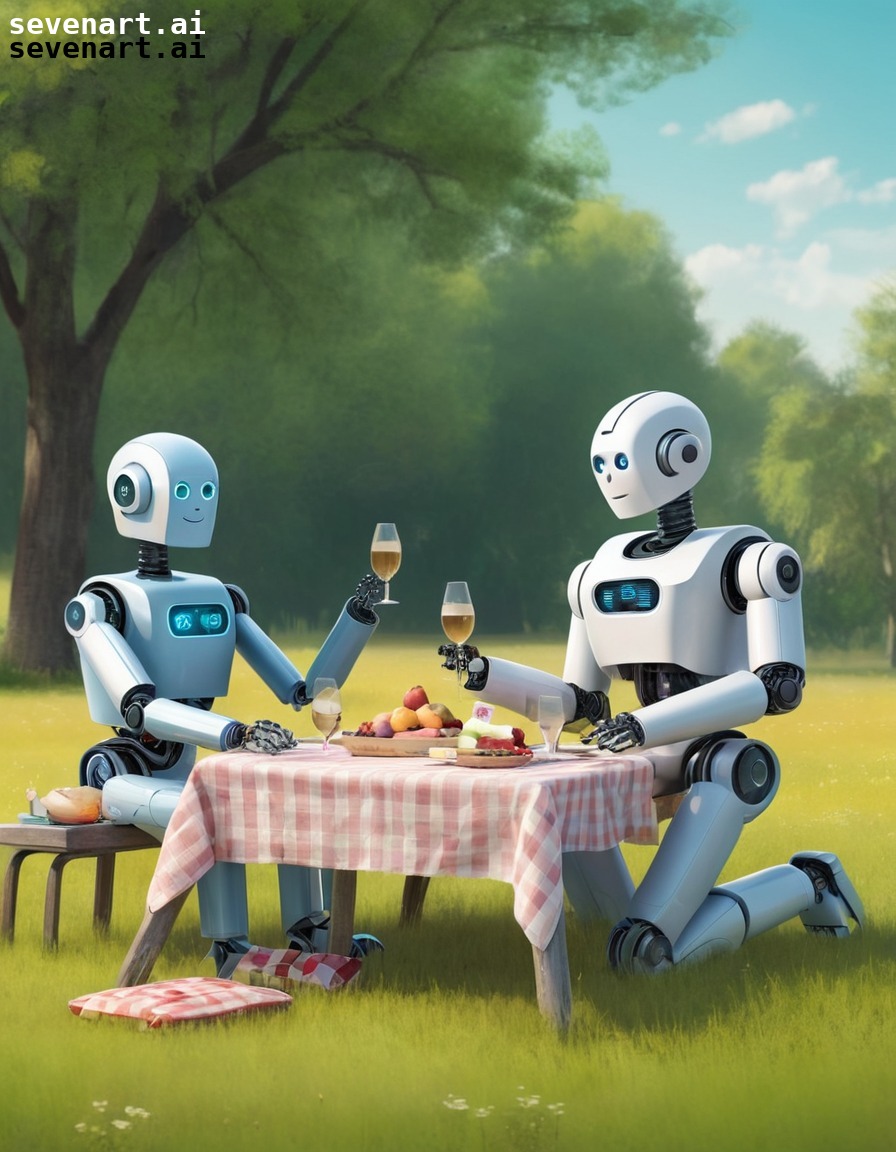 robot family, picnic, meadow, nature, technology, robots