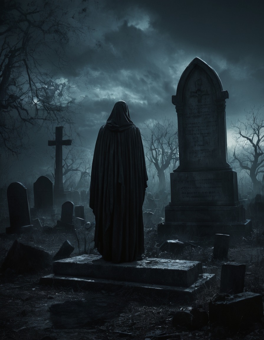 graveyard, shadowy figure, spooky, horror, gothic, underground, dark