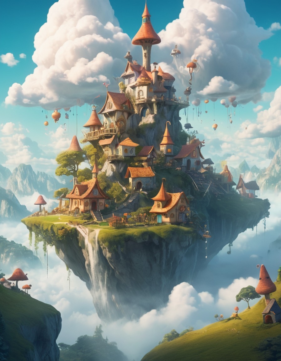 fantasy, village, clouds, fairy tale, whimsical