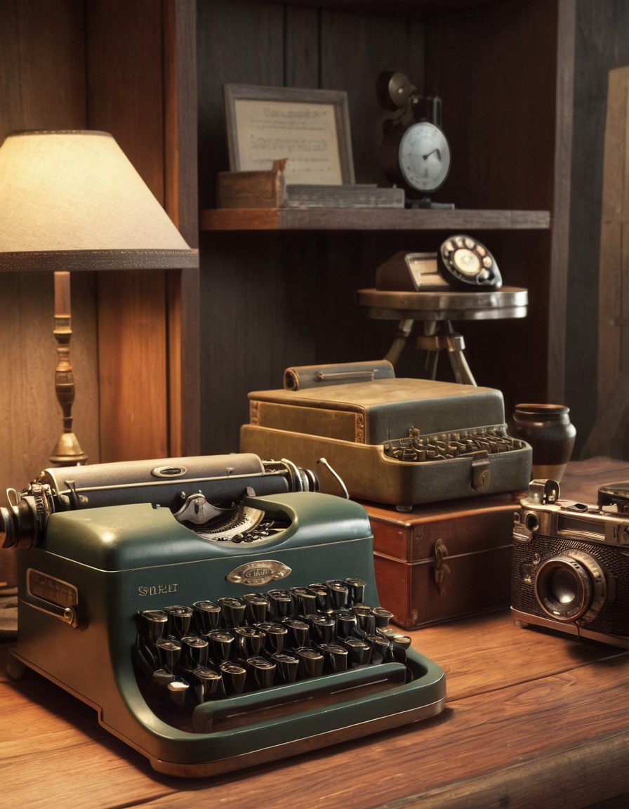 vintage, objects, typewriter, rotary phone, camera, wooden desk