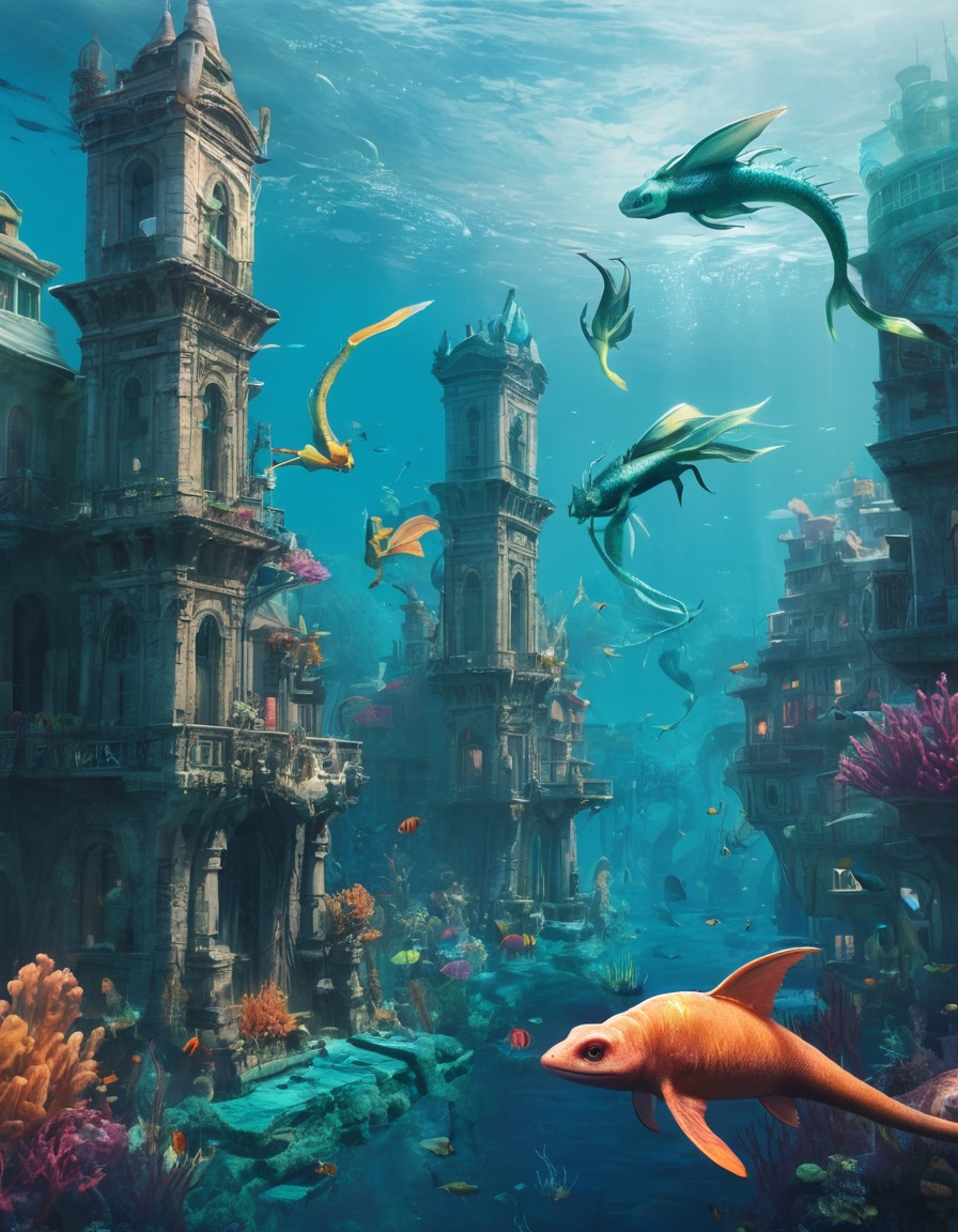 underwater, city, mermaids, sea dragons, fantasy