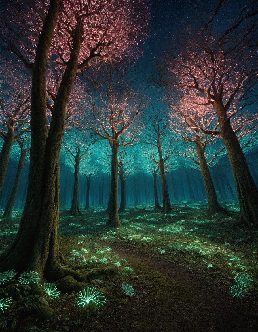 magical, forest, trees, glowing, patterns, fantastic