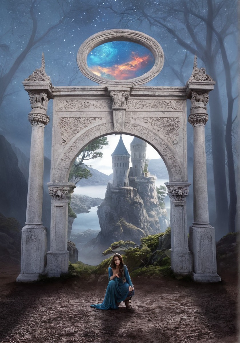 castle, dream, fantasy, forest, gate, man, photomanipulation, portal, surreal