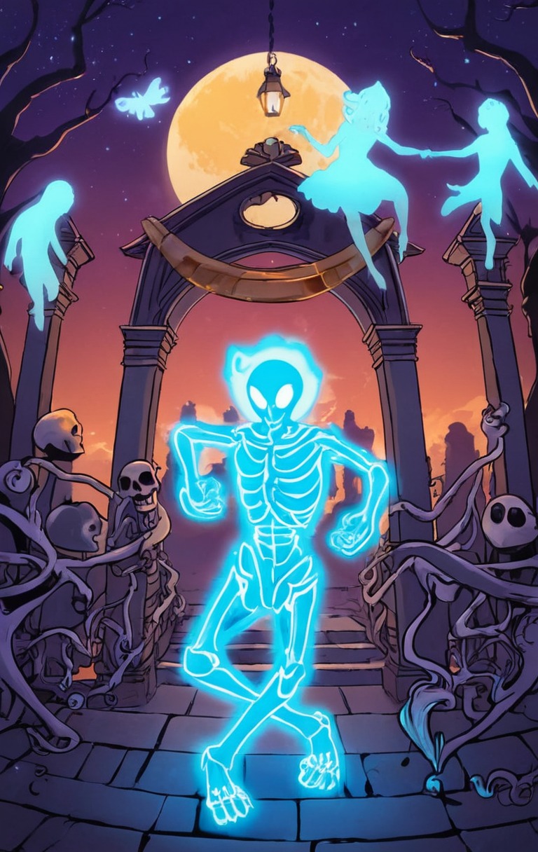 cartoon, digitalart, spirit, spooky, ghost, dance, fantasy, ghostgirl, horror, illustration, magic, party, skeleton, skeletons, skull, soul, swinging, deadmansparty, spooktober, spooktober2024