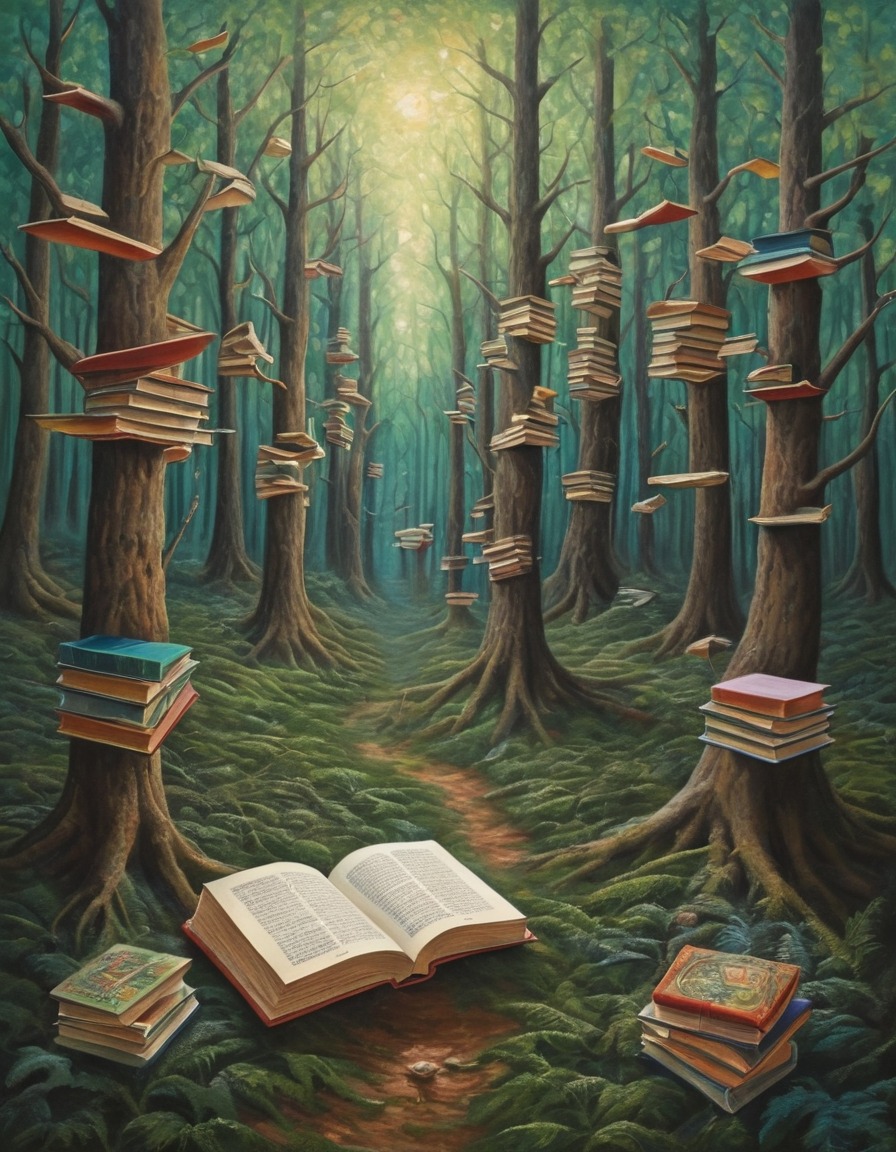 forest, trees, books, imagination, creativity, surreal