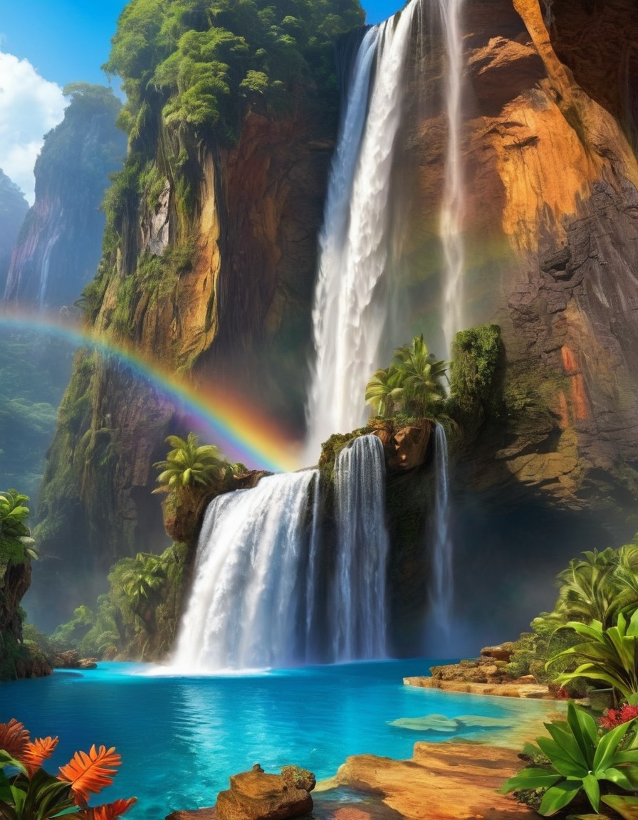 waterfall, rainbow, pool, exotic creatures, nature, fantastic