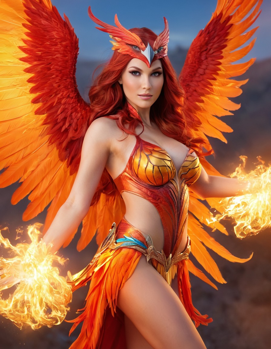 phoenix, birdwoman, rebirth, passion, mythical creature, vibrant plumage, mesmerizing presence