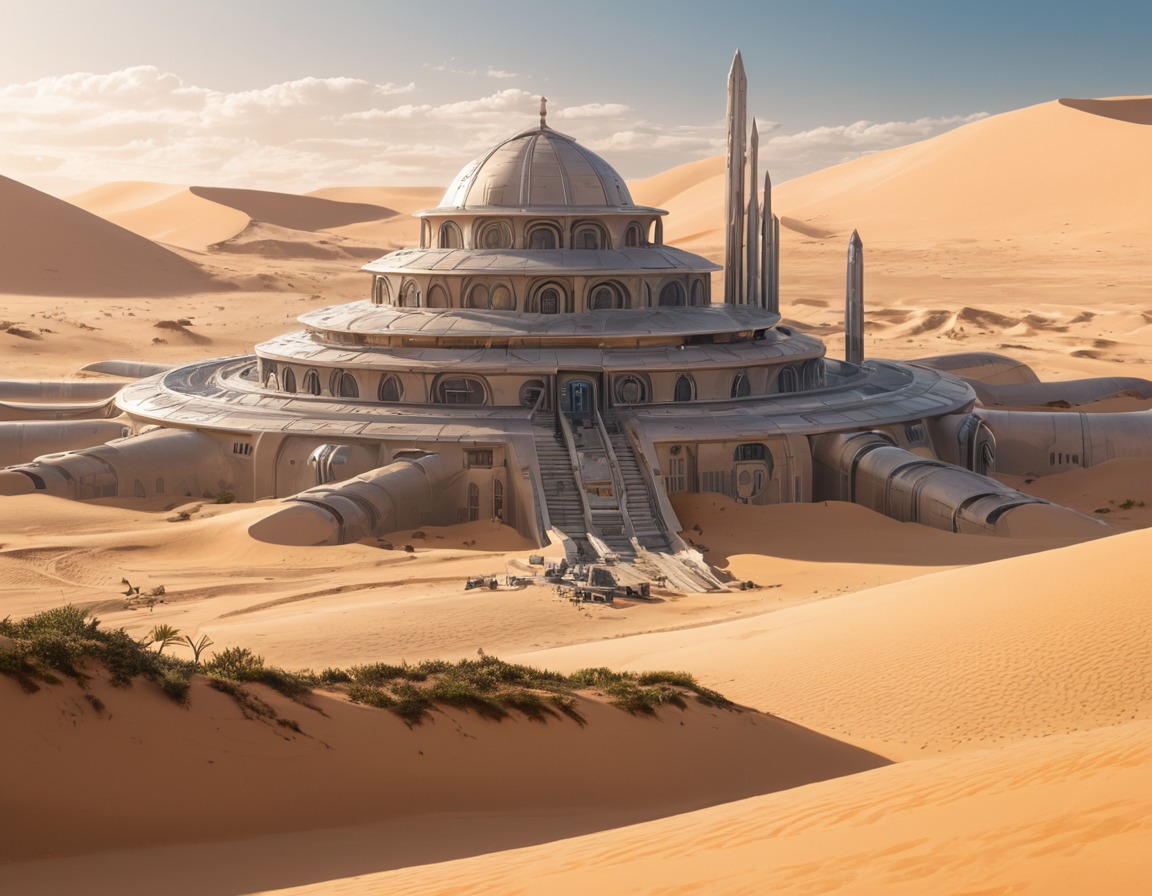 futuristic city, desert planet, advanced technology, ancient architecture, sand dunes, dune