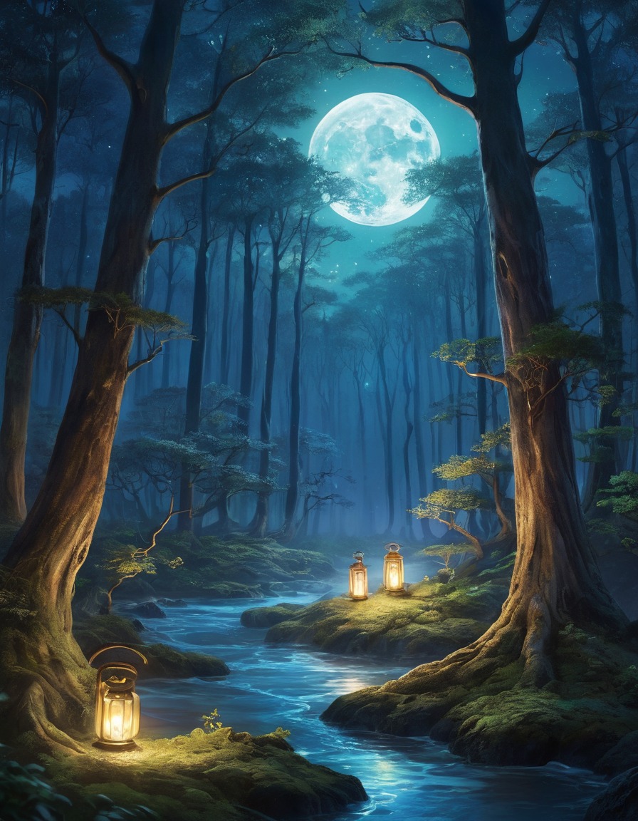 tsukumogami, spirits, moonlit, forest, painting, japanese folklore