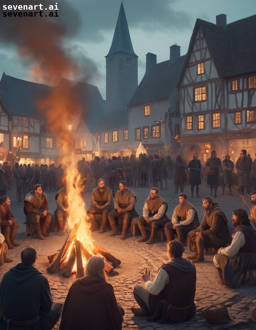 villagers, bonfire, town square, medieval festival, community gathering, middle ages