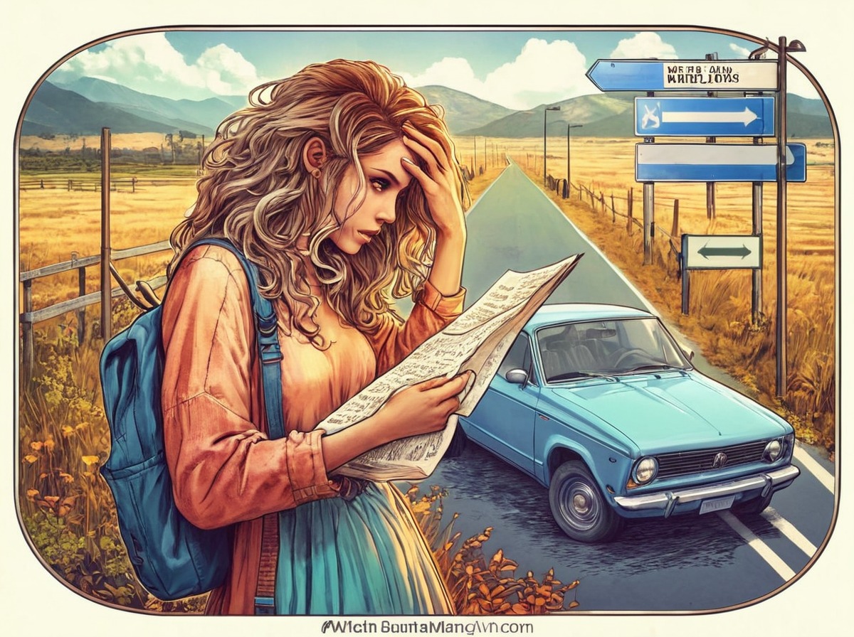 digitalart, drama, vintage, car, backpack, belt, clueless, countryside, driver, fences, illustration, lady, lost, map, messyhair, mountains, powerlines, print, retro, road, signs, skirt, sweater, tattooedgirl, artillustration, dailychallenge