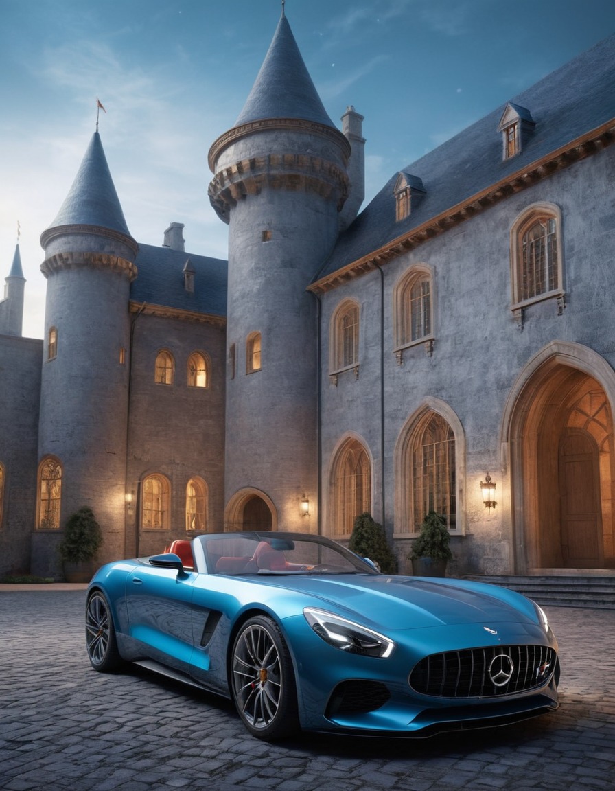 castle, courtyard, sports car, luxury car, modern architecture, medieval, art