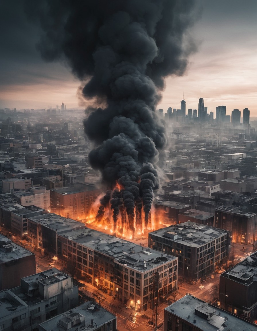 fire, smoke, burning, buildings, city, skyline, war, usa