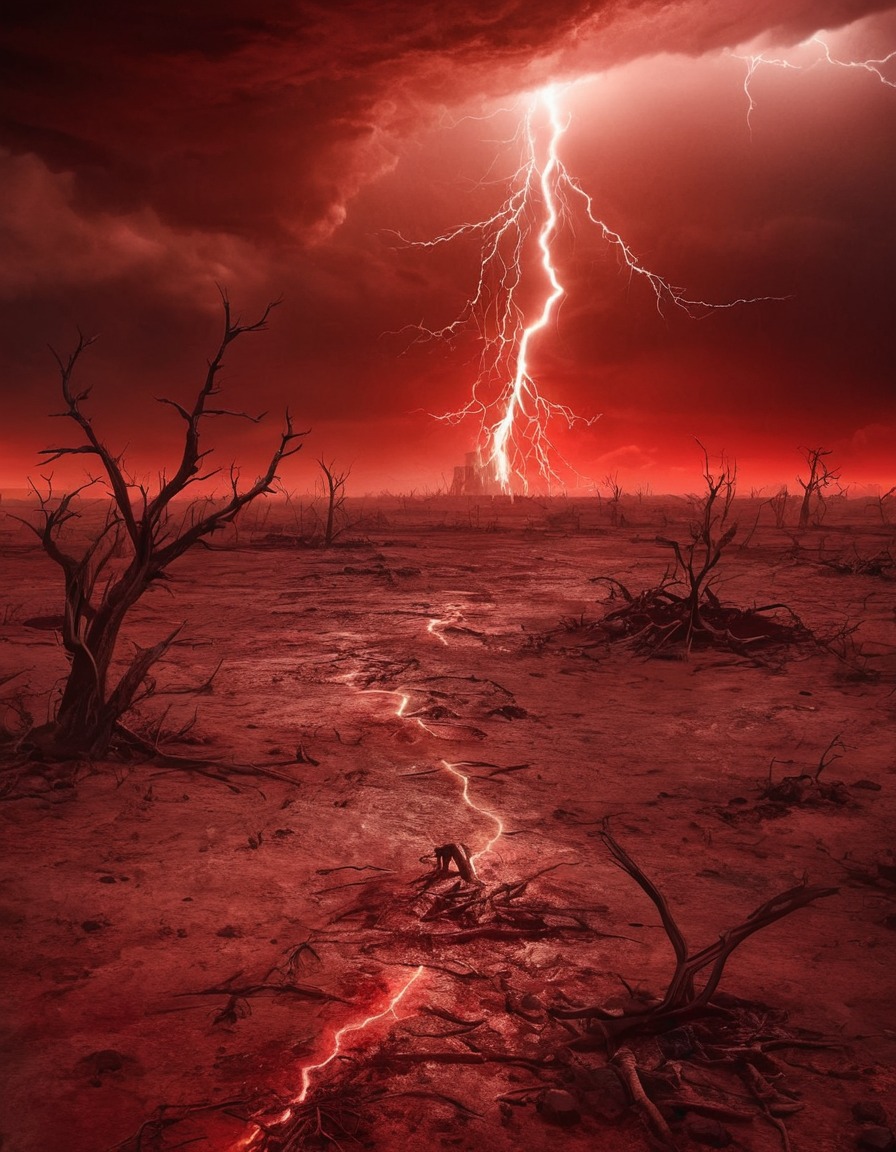 red sky, lightning, ominous, desolate wasteland, gothic, underground, dark