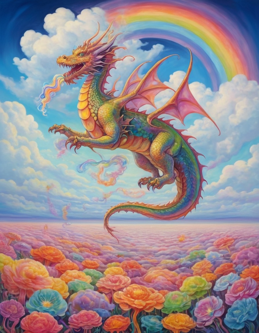 fantasy, cloud dragon, rainbow, jellyfish, field, surrealism, surreal