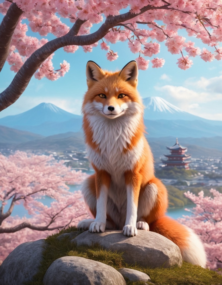 kitsune, japanese folklore, fox spirit, cherry blossoms, landscape