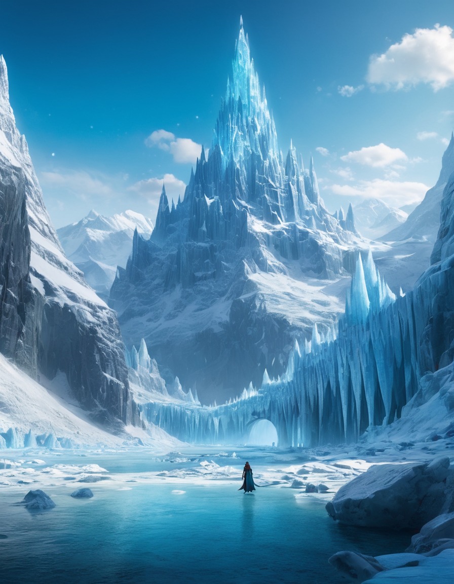 frozen kingdom, ice giants, snow creatures, glaciers, ice caves, fantasy landscape, fantastic