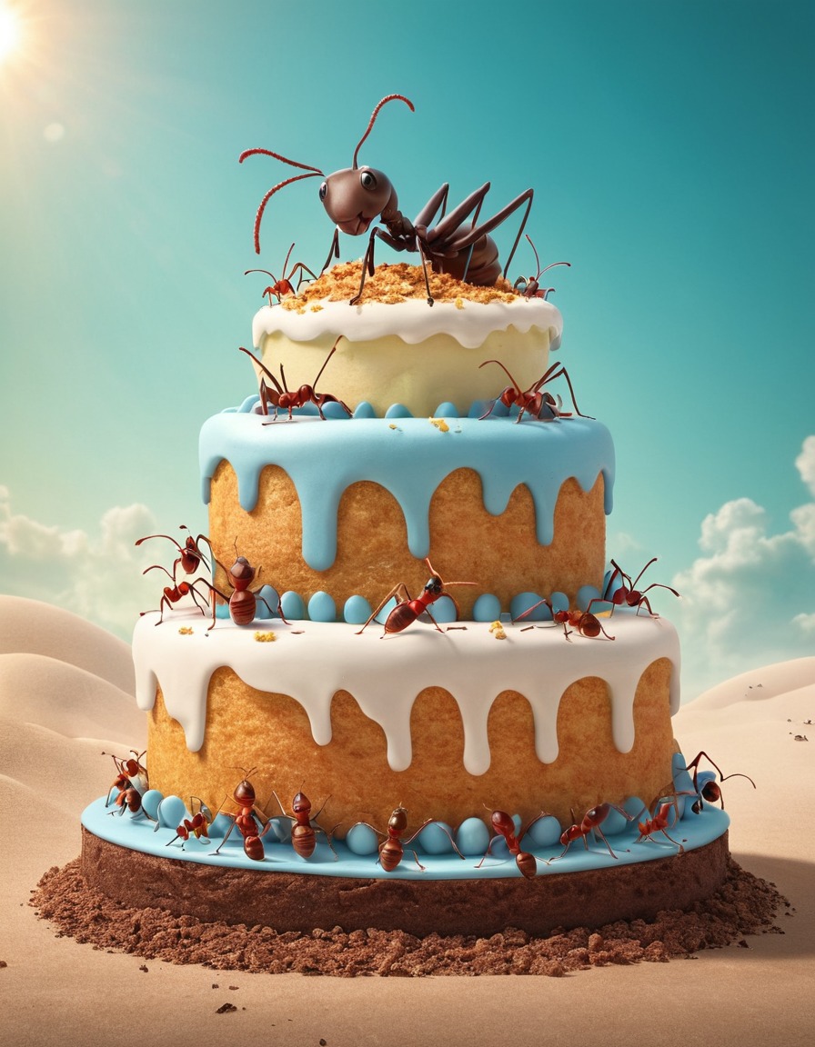 ants, giant, birthday cake, feast, bizarre, insects, consumption