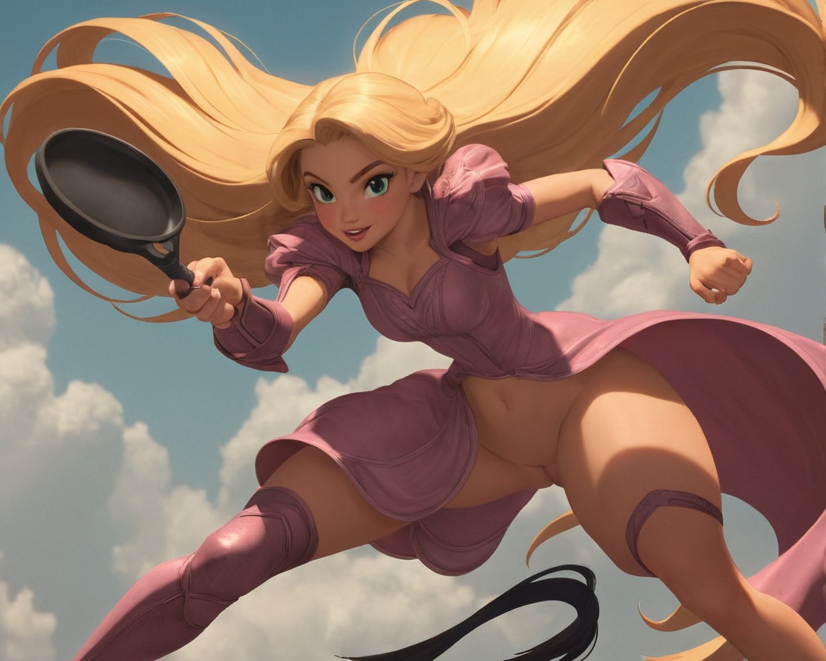 fanart, characterdesign, warrior, disney, rapunzel, cartoon, digitalart, princess, disneyprincess, tangled, digitalpainting, frying, fryingpan